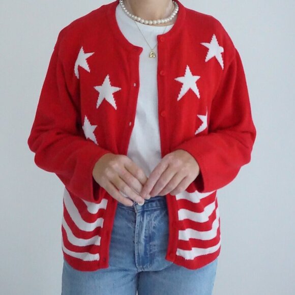 Vintage Crystal Kobe Red w White Stars Patriotic Flag Knit Button Up Cardigan Xl - Picture 2 of 11